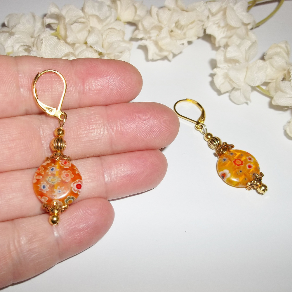 Yellow & Gold Earrings Flower Floral Dangle 4317 - Picture 2 of 6